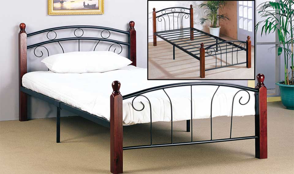 IF-128 - Twin Black Metal Bed Frame with Dark Cherry Posts By International Furniture