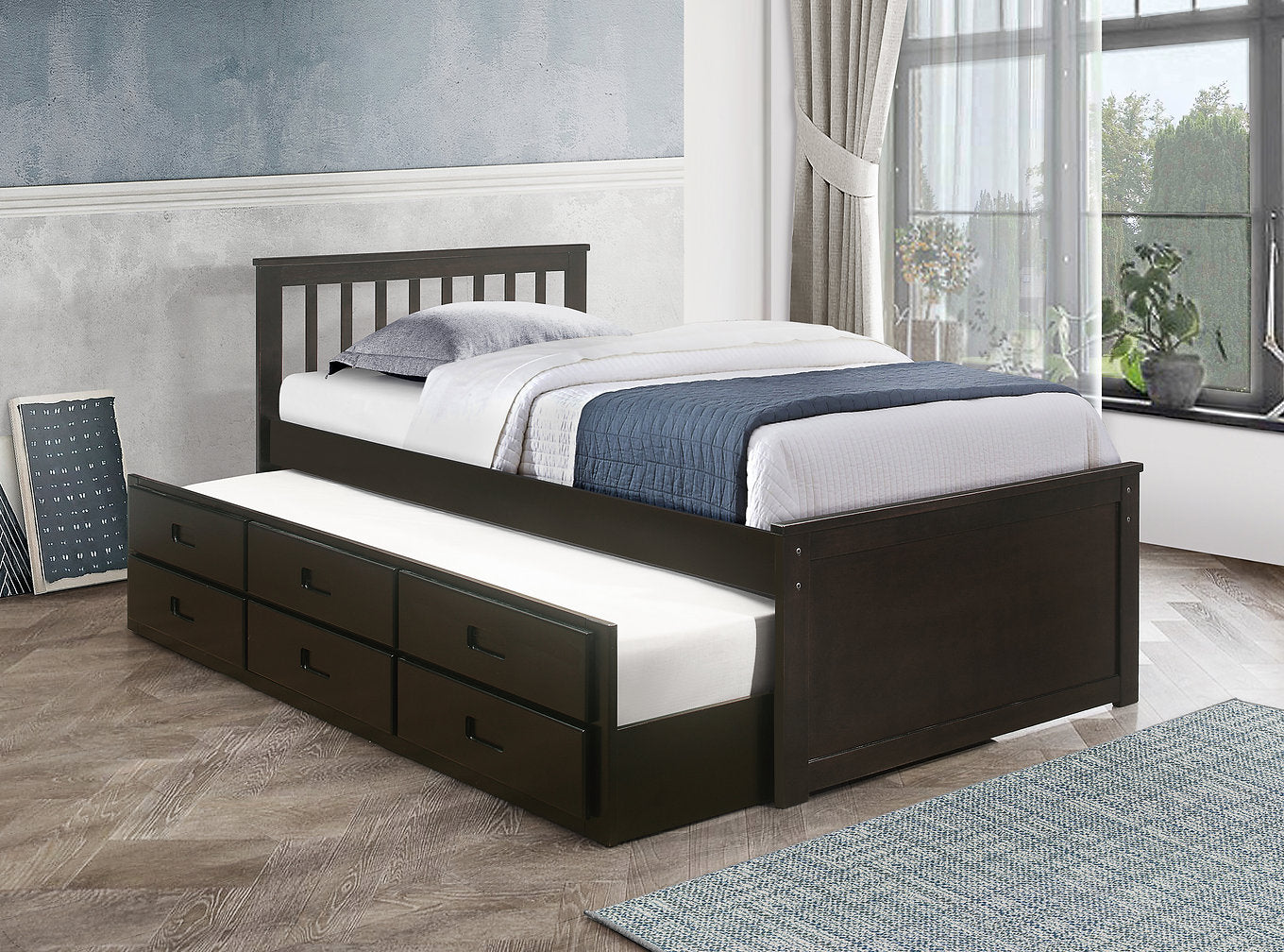IF-300-E Twin/Twin Captain Bed with Pull-Out Trundle Bed and 3 Pull-Out Drawers (Espresso)