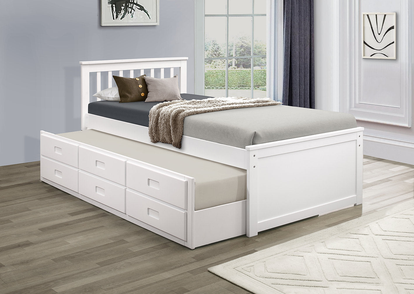 IF-300-W Twin/Twin Captain Bed (White) with Pull-Out Trundle Bed and 3 Pull-Out Drawers by International Furniture