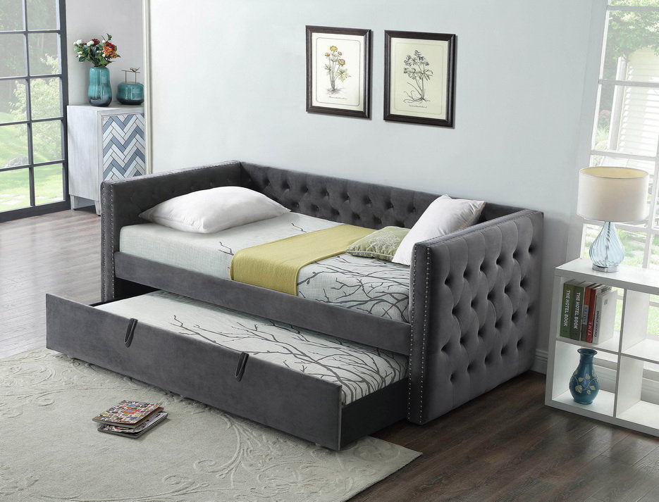 IF-305 - Grey Velvet 39” Twin Size Day Bed with 39” Twin Size Pull-Out Trundle Features Deep Tufting and Nailhead Details by International Furniture