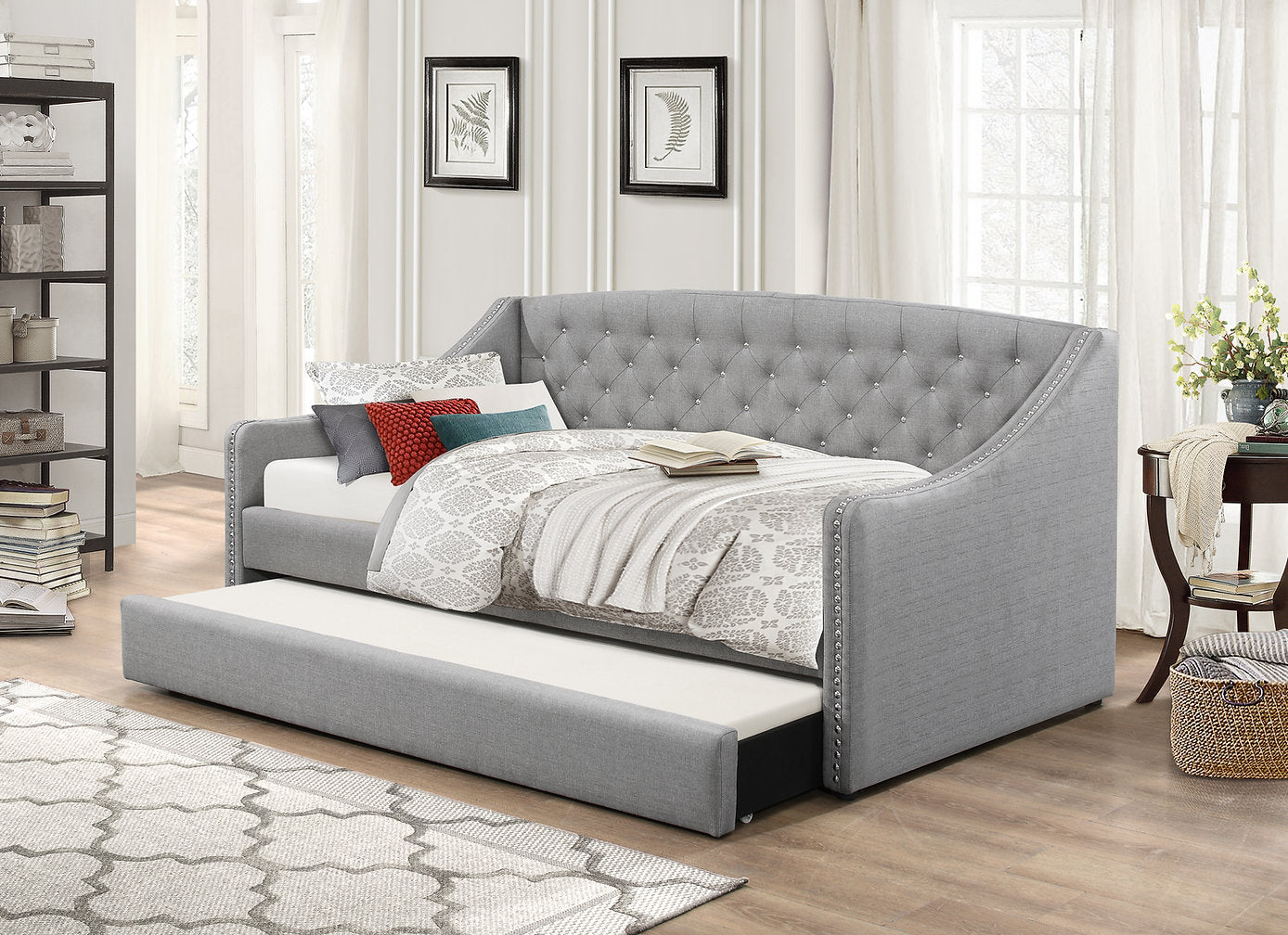 IF-308 - Grey Fabric Day Bed with Nailhead Accents and a Single Size Pull Out Trundle by International Furniture