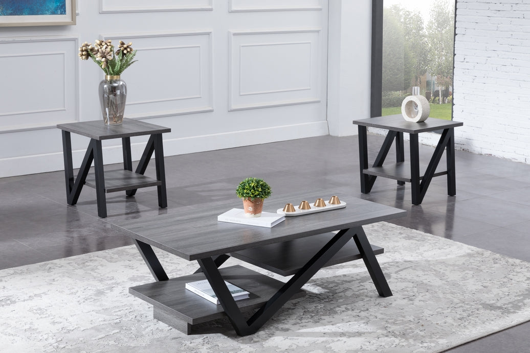 IF-3501 - 3Pc Coffee Table Set With Grey Wooden top and Black Legs