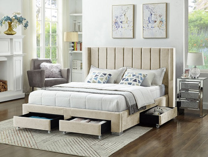IF-5312 - Queen Creme Velvet Fabric Wing Bed with Deep Tufting and Chrome Legs in Queen By International Furniture