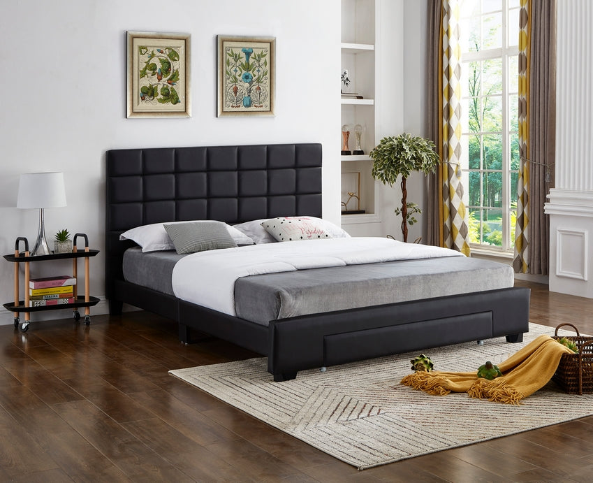 IF-5490 - Black PU Double Bed with a Square Pattern Tufted Headboard and Storage Drawer by International Furniture