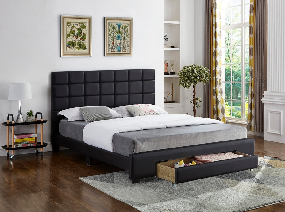 IF-5490 - Black PU Double Bed with a Square Pattern Tufted Headboard and Storage Drawer by International Furniture