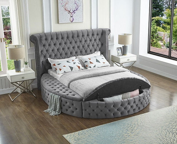 IF-5770 - Queen Bed in Grey Velvet Fabric with Deep Button Tufting and 3 Storage Benches in Queen By International Furniture