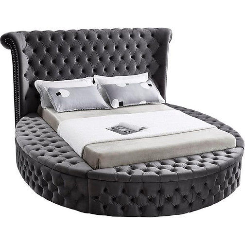 IF-5770 - King Bed in Grey Velvet Fabric with Deep Button Tufting and 3 Storage Benches in King By International Furniture