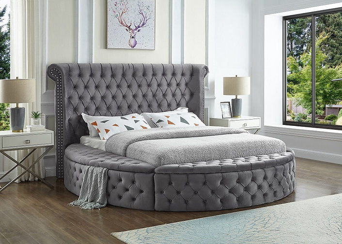 IF-5770 - Queen Bed in Grey Velvet Fabric with Deep Button Tufting and 3 Storage Benches in Queen By International Furniture