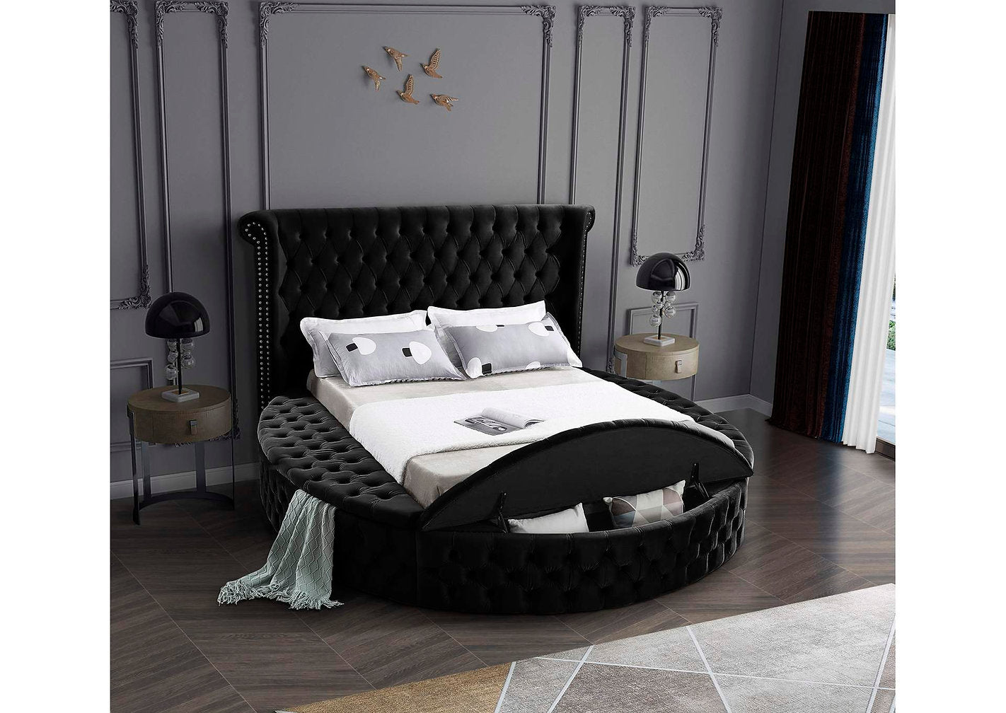 IF-5773 - Queen Bed in Black Velvet Fabric with Deep Button Tufting and 3 Storage Benches by International Furniture