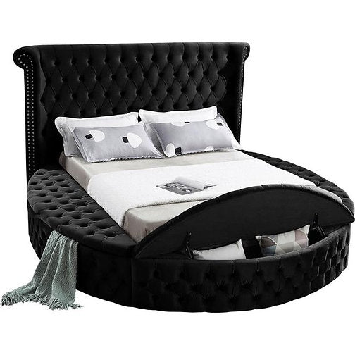 IF-5773 - King Bed in Black Velvet Fabric with Deep Button Tufting and 3 Storage Benches by International Furniture