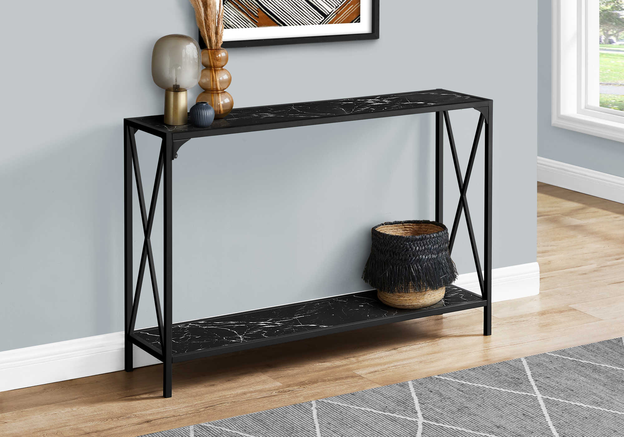 I 2126 - ACCENT TABLE - 48"L / BLACK MARBLE / BLACK HALL CONSOLE BY MONARCH SPECIALTIES INC