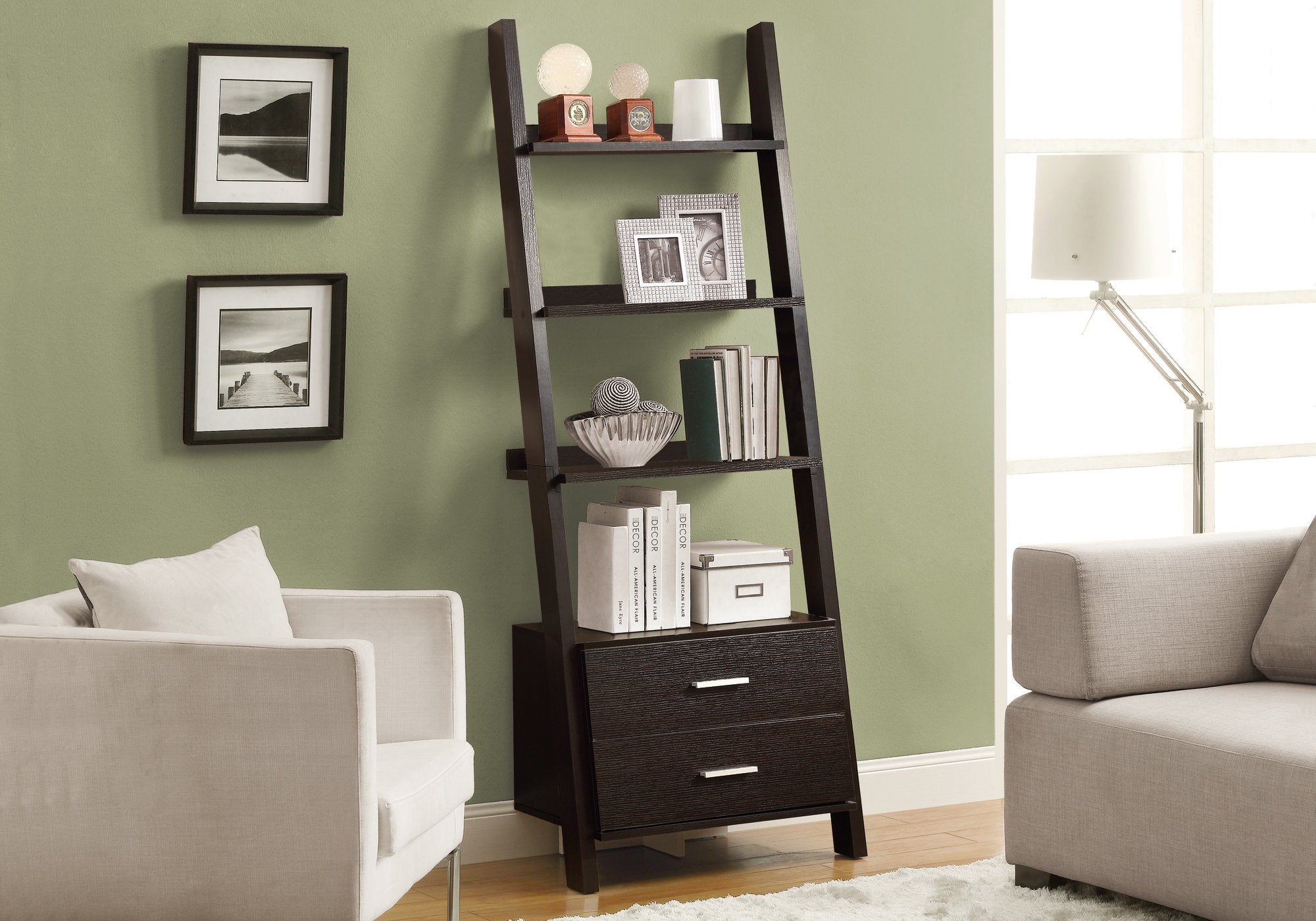 I 2542 - BOOKCASE - 69"H / CAPPUCCINO LADDER W/ 2 STORAGE DRAWERS By Monarch Specialties Inc