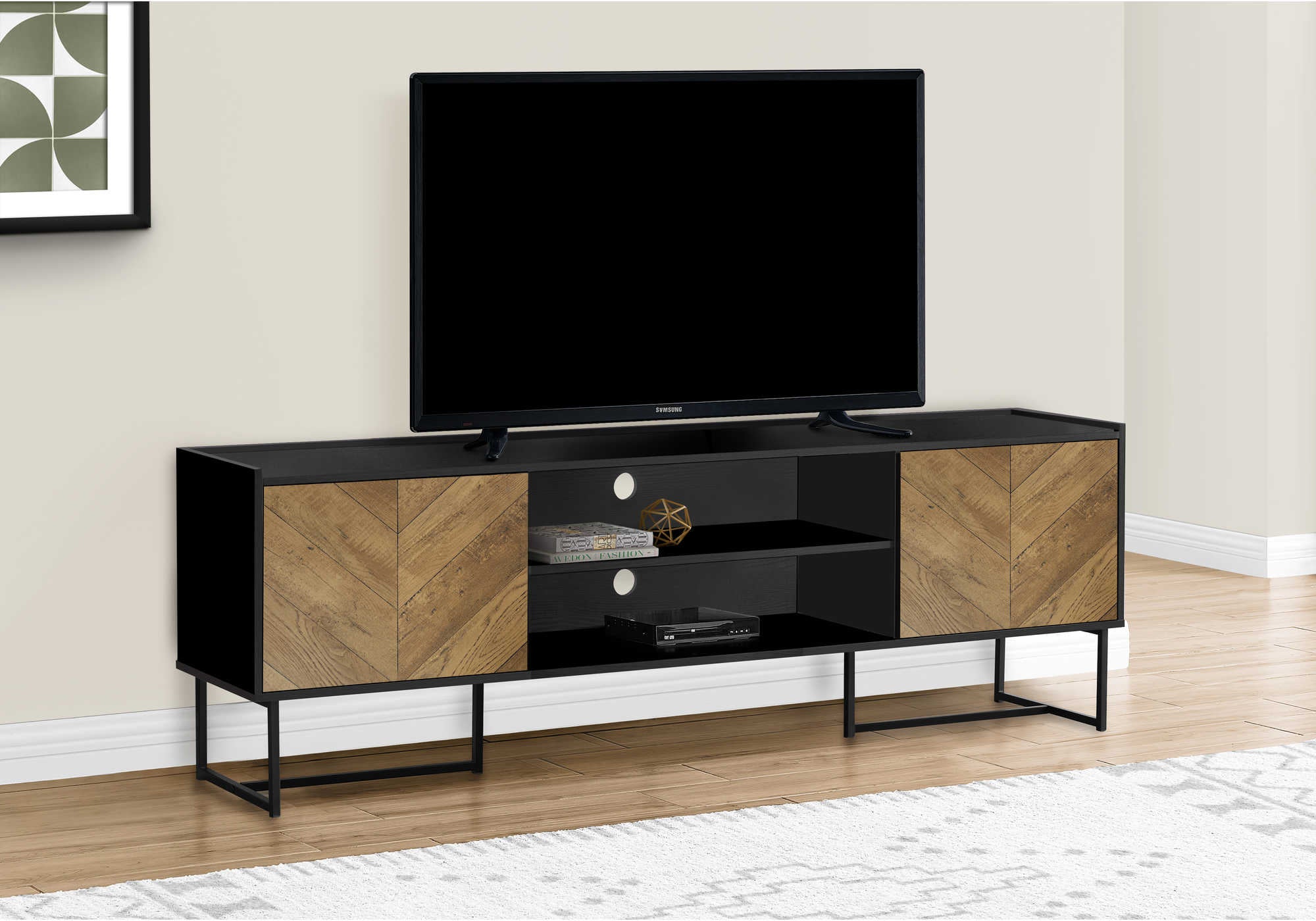 I 2752 - TV STAND - 72"L / BLACK / METAL WITH 2 WOOD-LOOK DOORS BY MONARCH SPECIALTIES INC