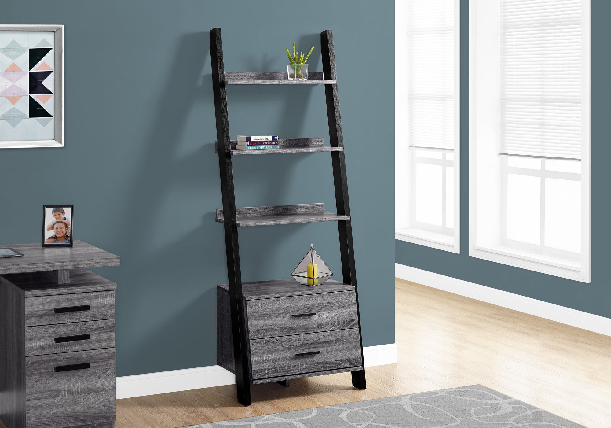 I 2755 - BOOKCASE - 69"H / GREY-BLACK LADDER WITH 2 STORAGE DRAWER By Monarch Specialties Inc