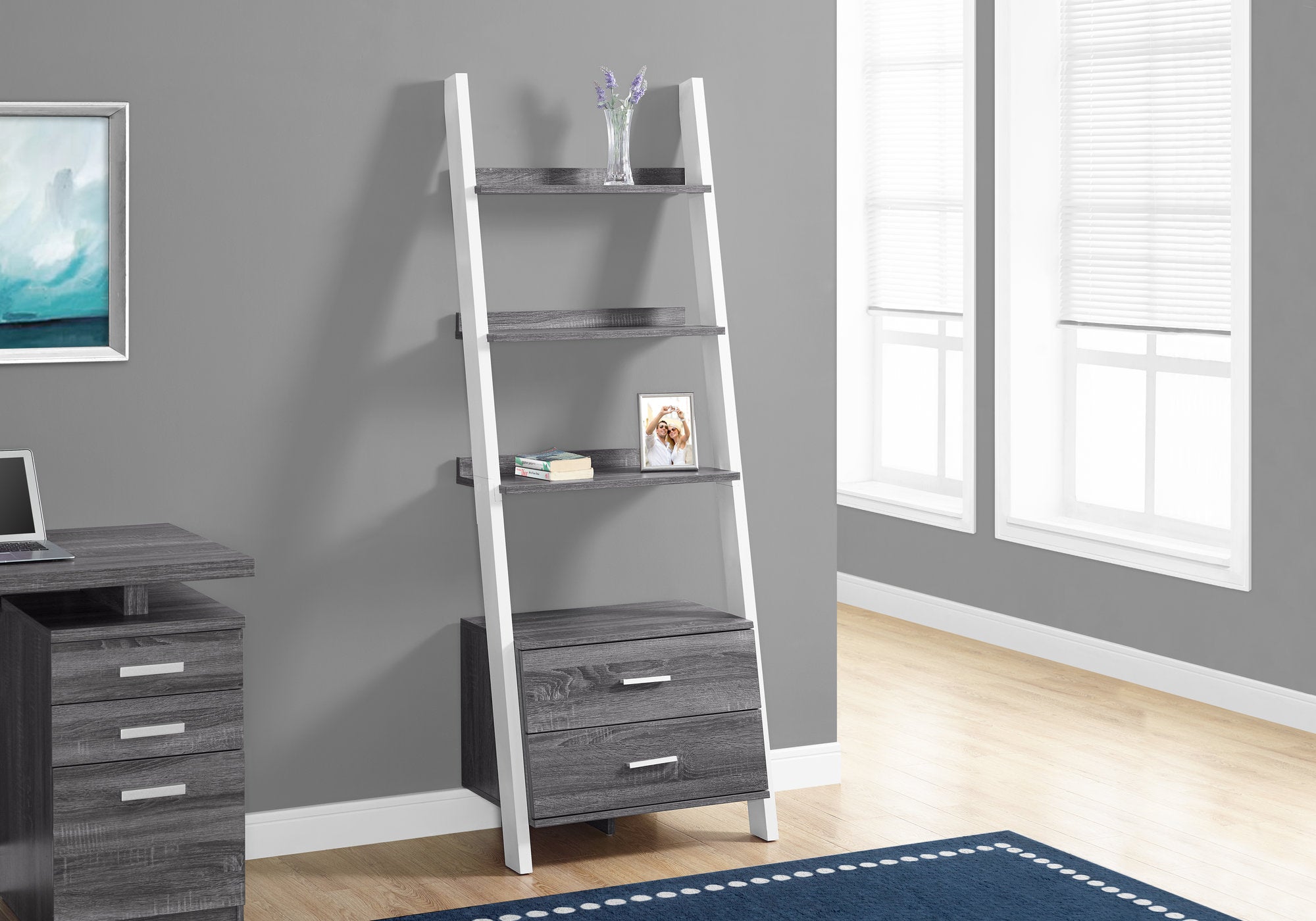 I 2756 - BOOKCASE - 69"H / GREY-WHITE LADDER WITH 2 STORAGE DRAWER By Monarch Specialties Inc