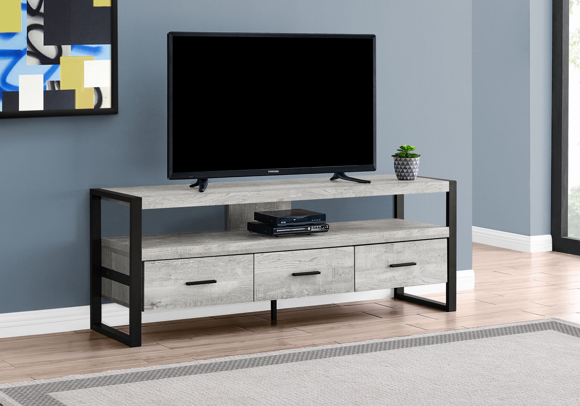 I 2821 TV STAND - 60"L / GREY RECLAIMED WOOD-LOOK / 3 DRAWERS BY MONARH SPECIALTIES INC