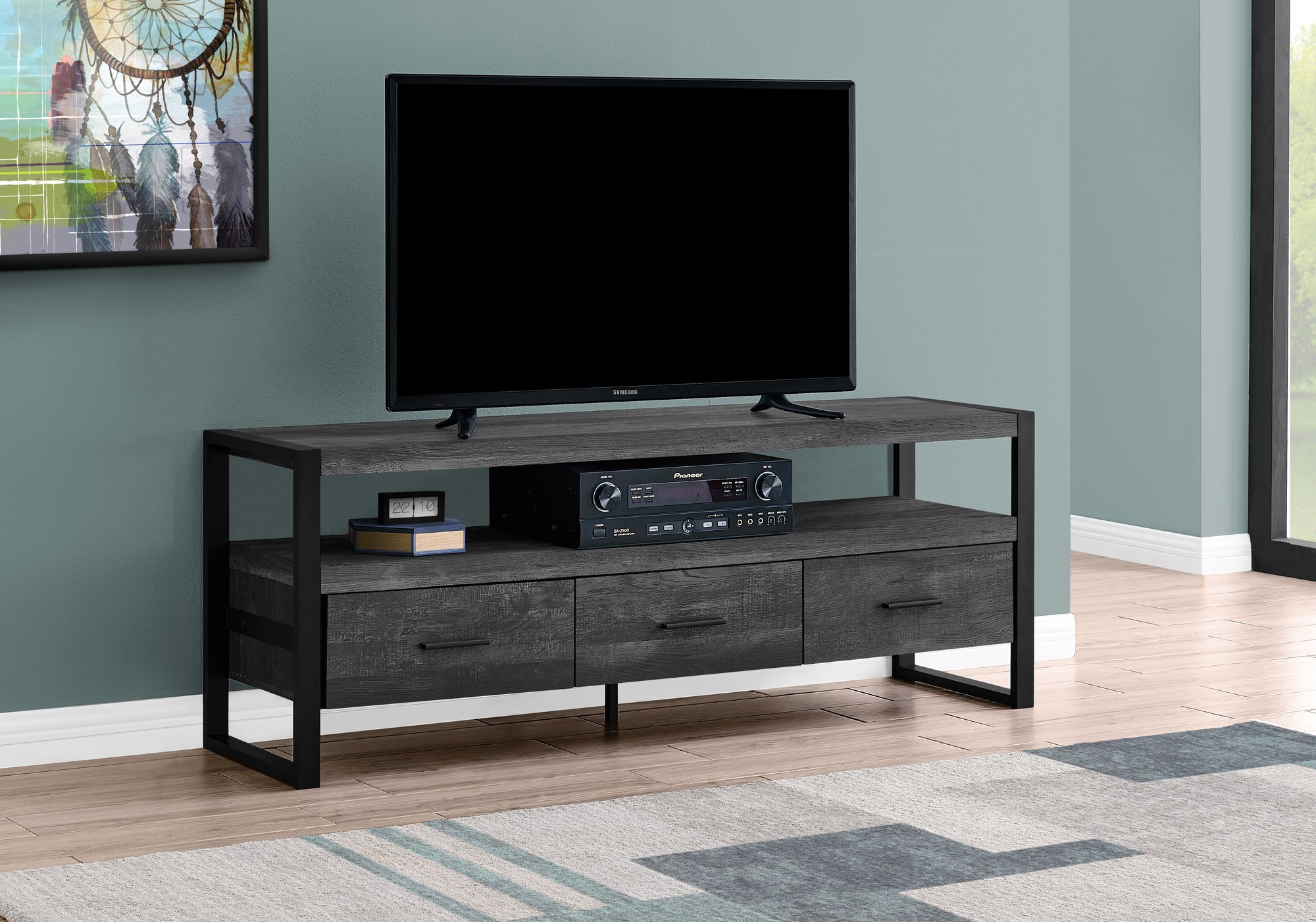 I 2823 - TV STAND - 60"L / BLACK RECLAIMED WOOD-LOOK / 3 DRAWERS BY MONARCH SPECIALTIES INC