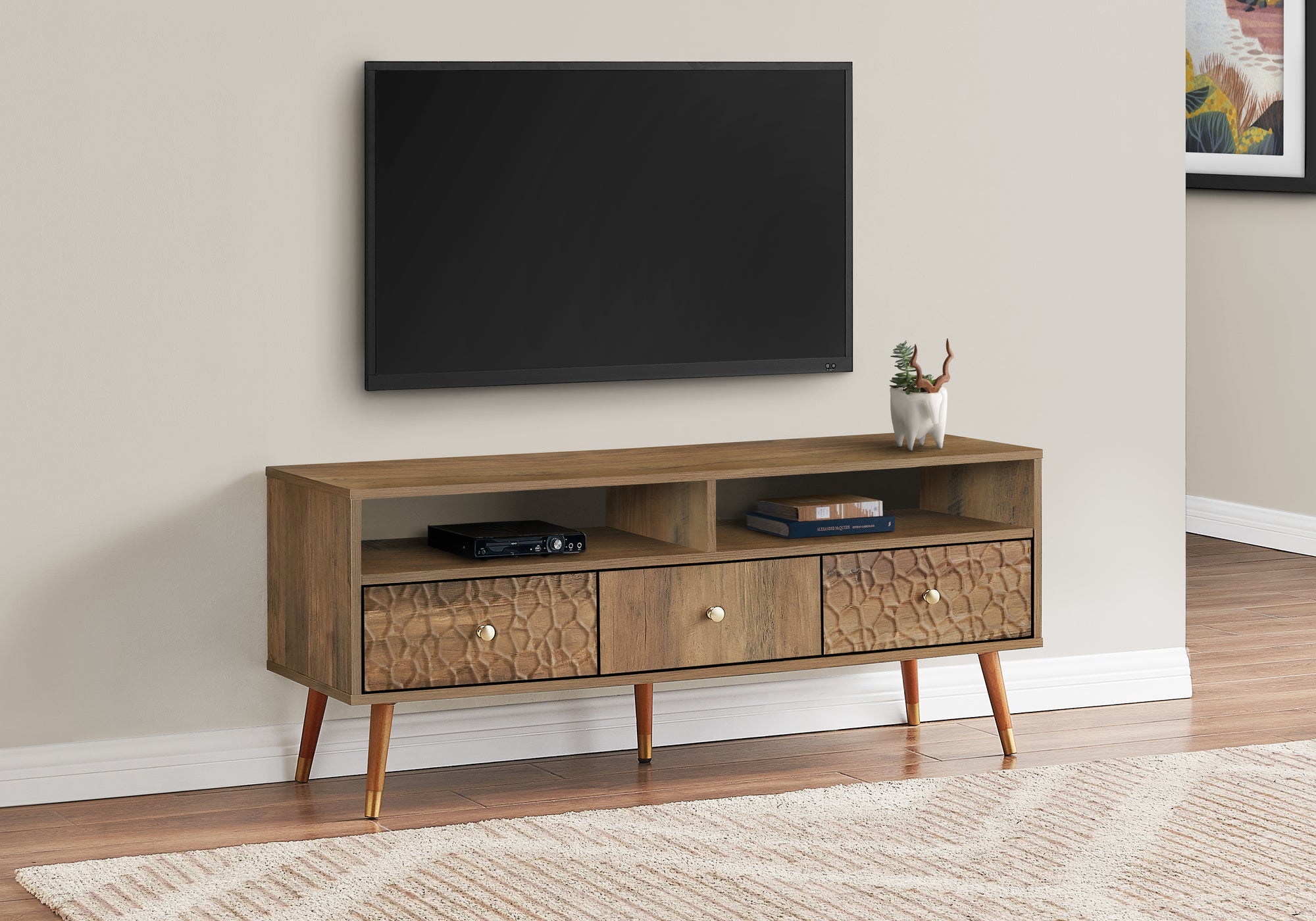 I 2835 - TV STAND - 48"L / WALNUT MID-CENTURY WITH 3 DRAWERS BY MONARCH SPECIALTIES INC