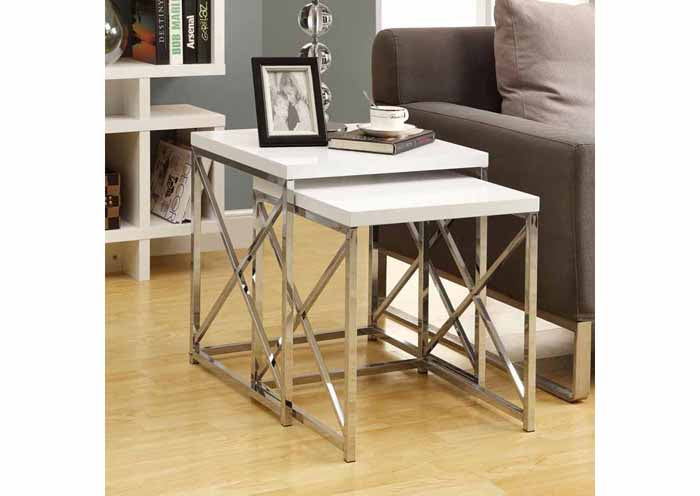 I 3025 - GLOSSY WHITE / CHROME METAL 2PCS NESTING TABLE SET BY MOARCH SPECIALTIES INC