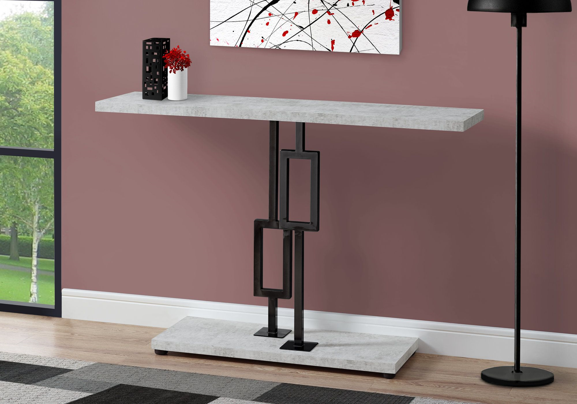 I 3267 - ACCENT TABLE - 48"L / GREY CEMENT / BLACK NICKEL METAL BY MONARCH SPECIALTIES INC