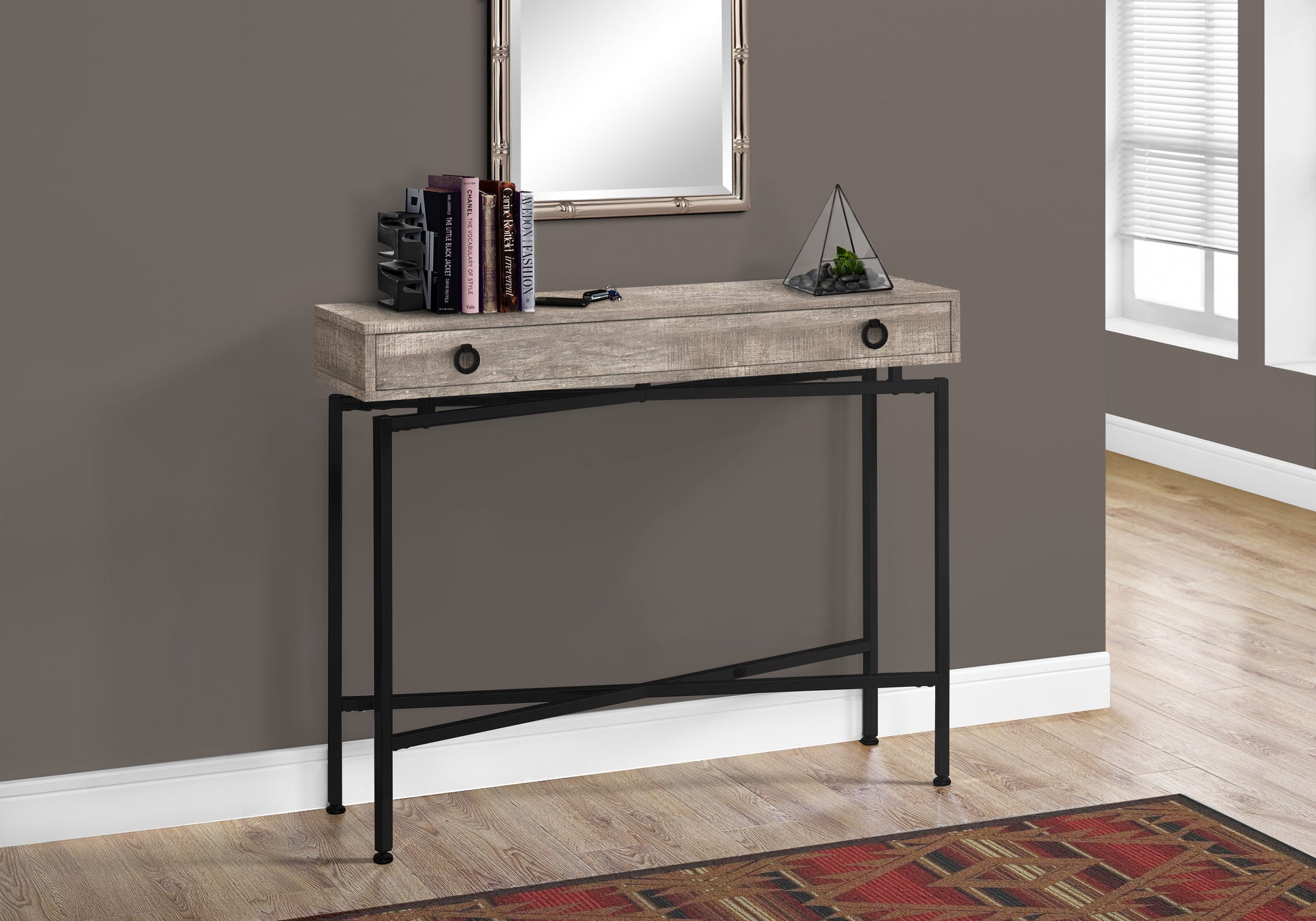 I 3455 - ACCENT TABLE - 42"L / TAUPE RECLAIMED WOOD/ BLACK CONSOLE BY MONARCH SPECIALTIES INC