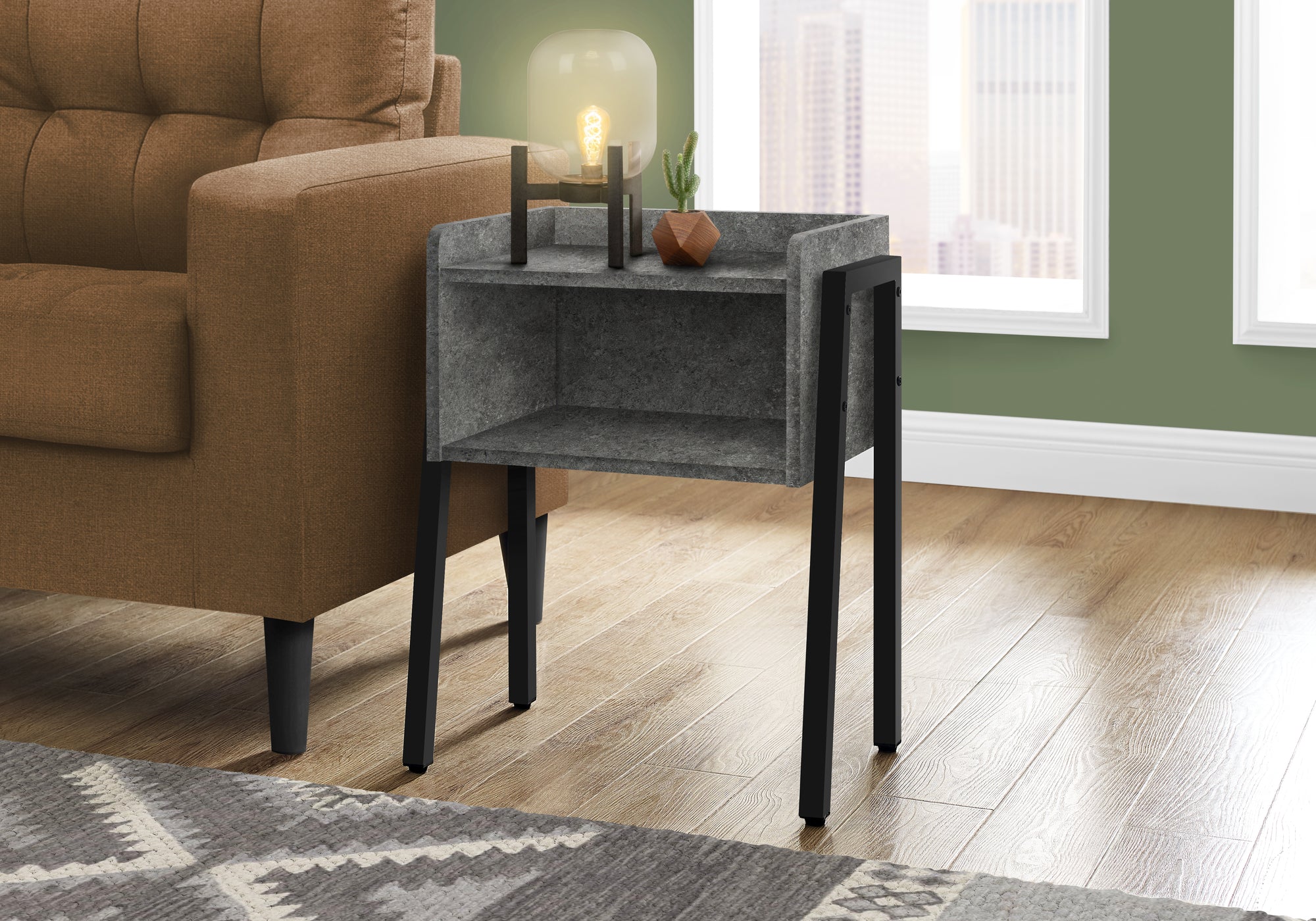 I 3584 - ACCENT TABLE - 23"H / GREY STONE-LOOK / BLACK METAL BY MONARCH SPECIALTIES INC