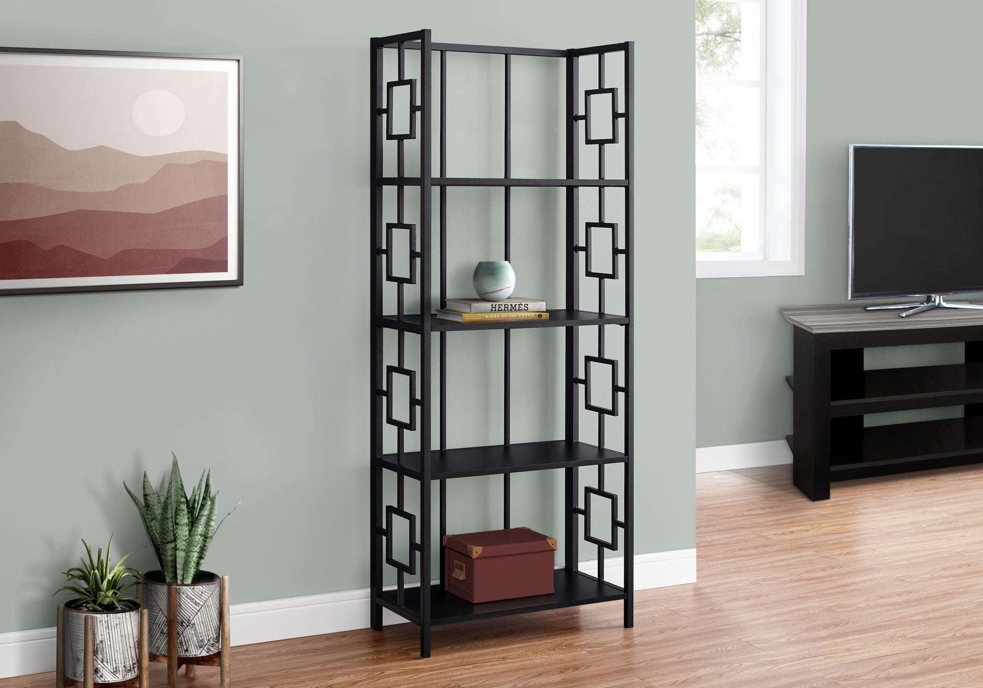 I 3615 - BOOKCASE - 62"H / BLACK / BLACK METAL ETAGERE BY MONARCH SPECIALTIES INC