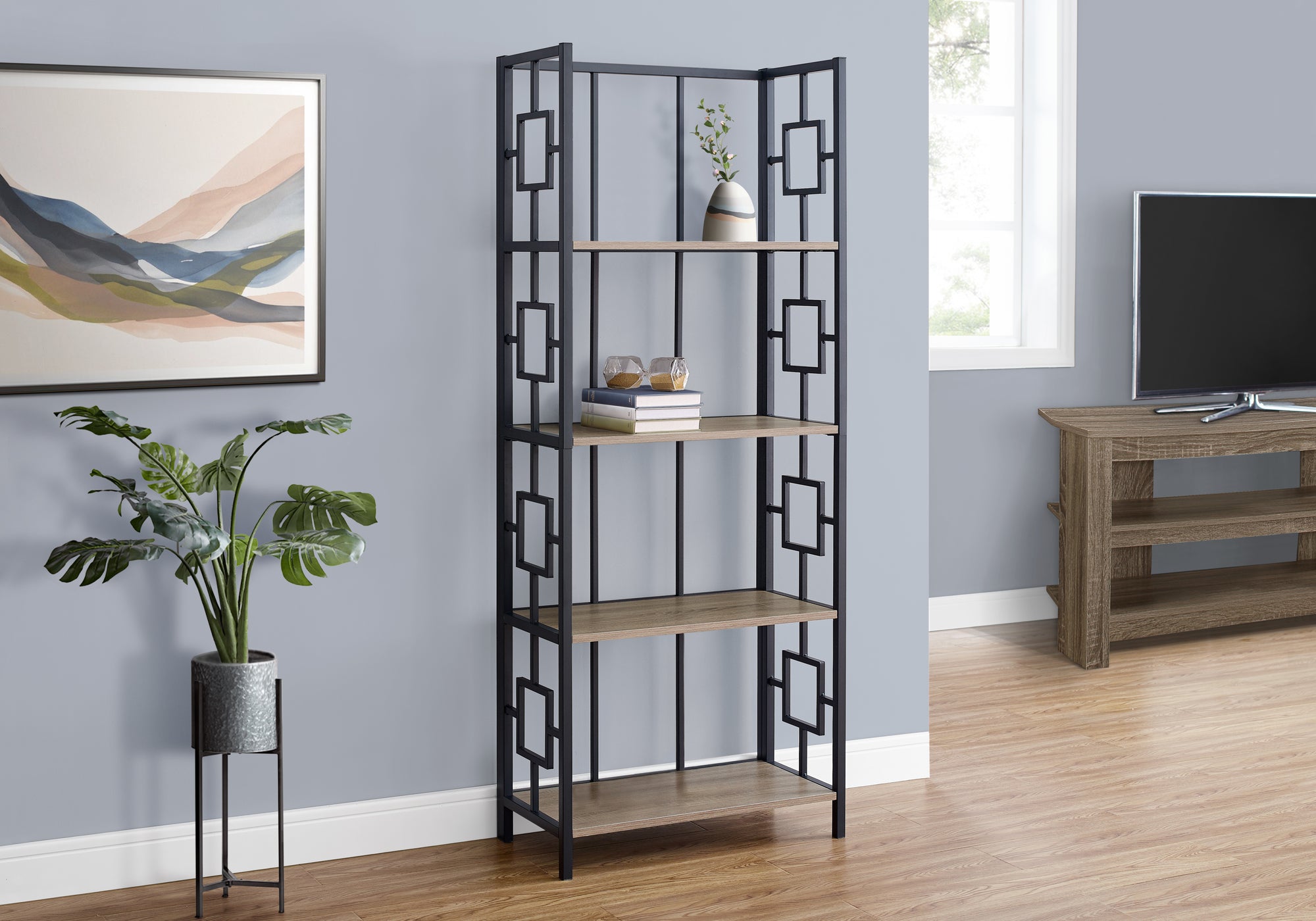 I 3616 - BOOKCASE - 62"H / DARK TAUPE / BLACK METAL ETAGERE BYMONARCH SPECIALTIES INC