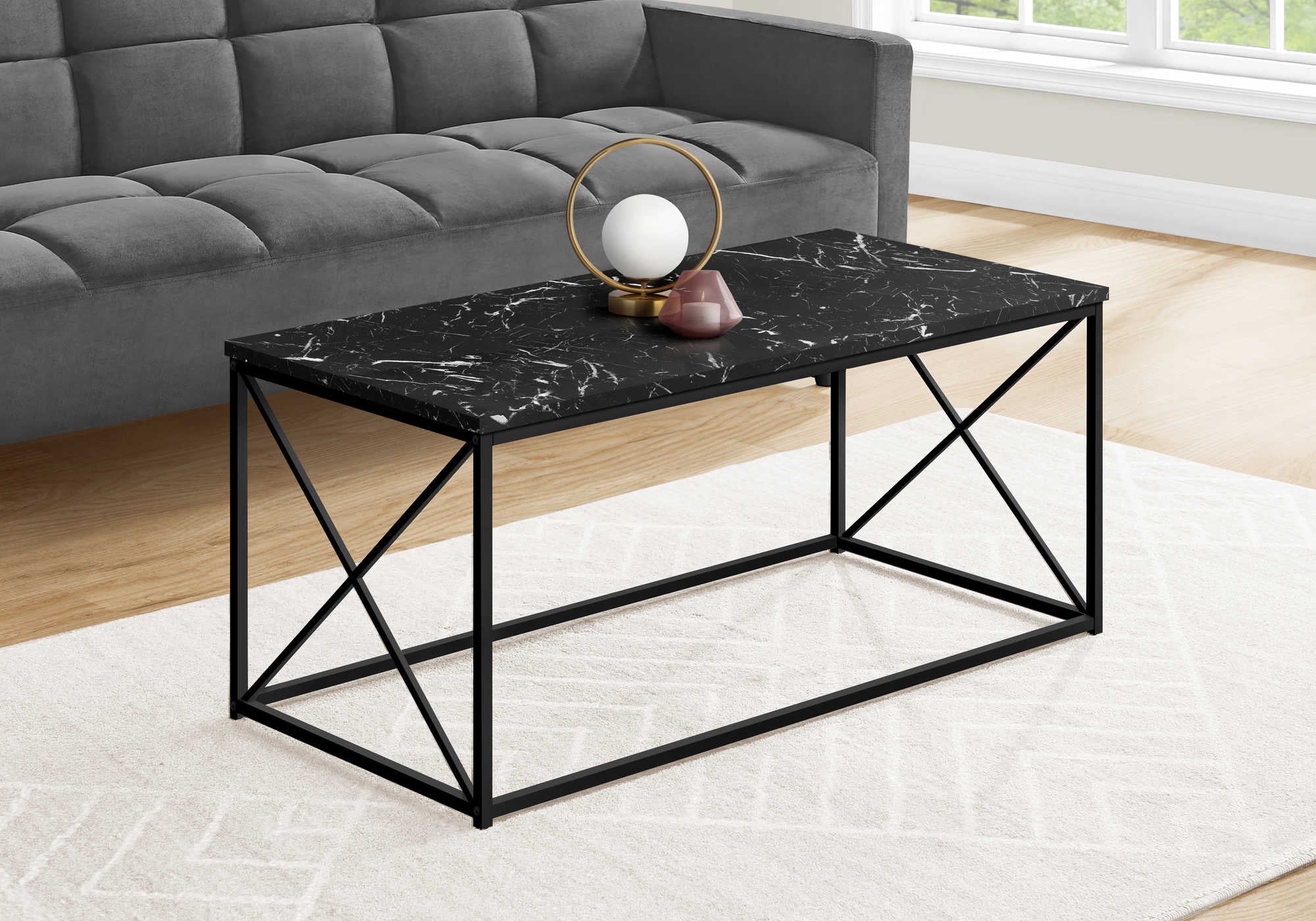 I 3783 - COFFEE TABLE - 40"L / BLACK MARBLE / BLACK METAL BY MONARCH SPECIALTIES INC