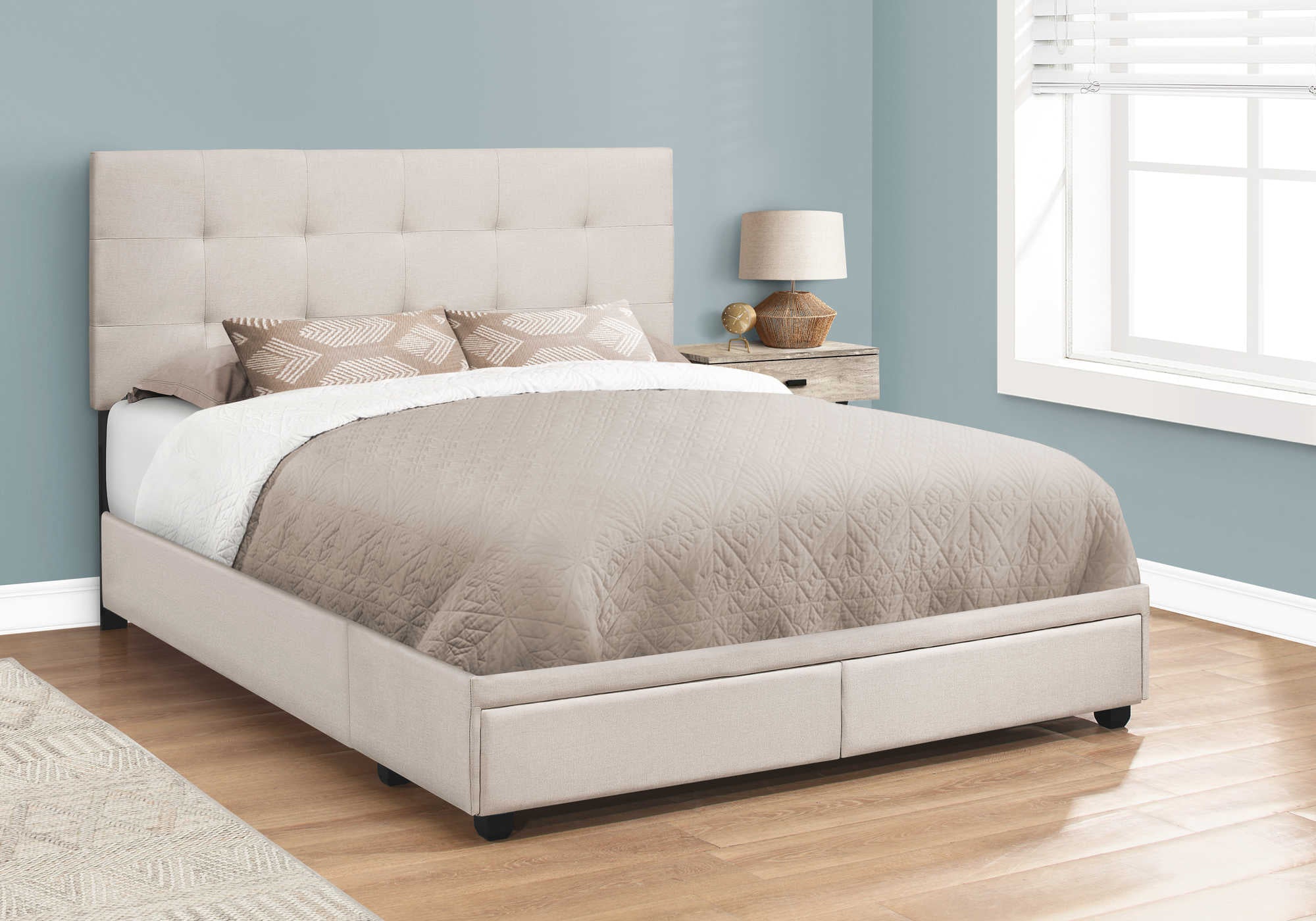 I 6021Q - BED - QUEEN SIZE / BEIGE LINEN WITH 2 STORAGE DRAWERS BY MONARCH SPECIALITIES INC