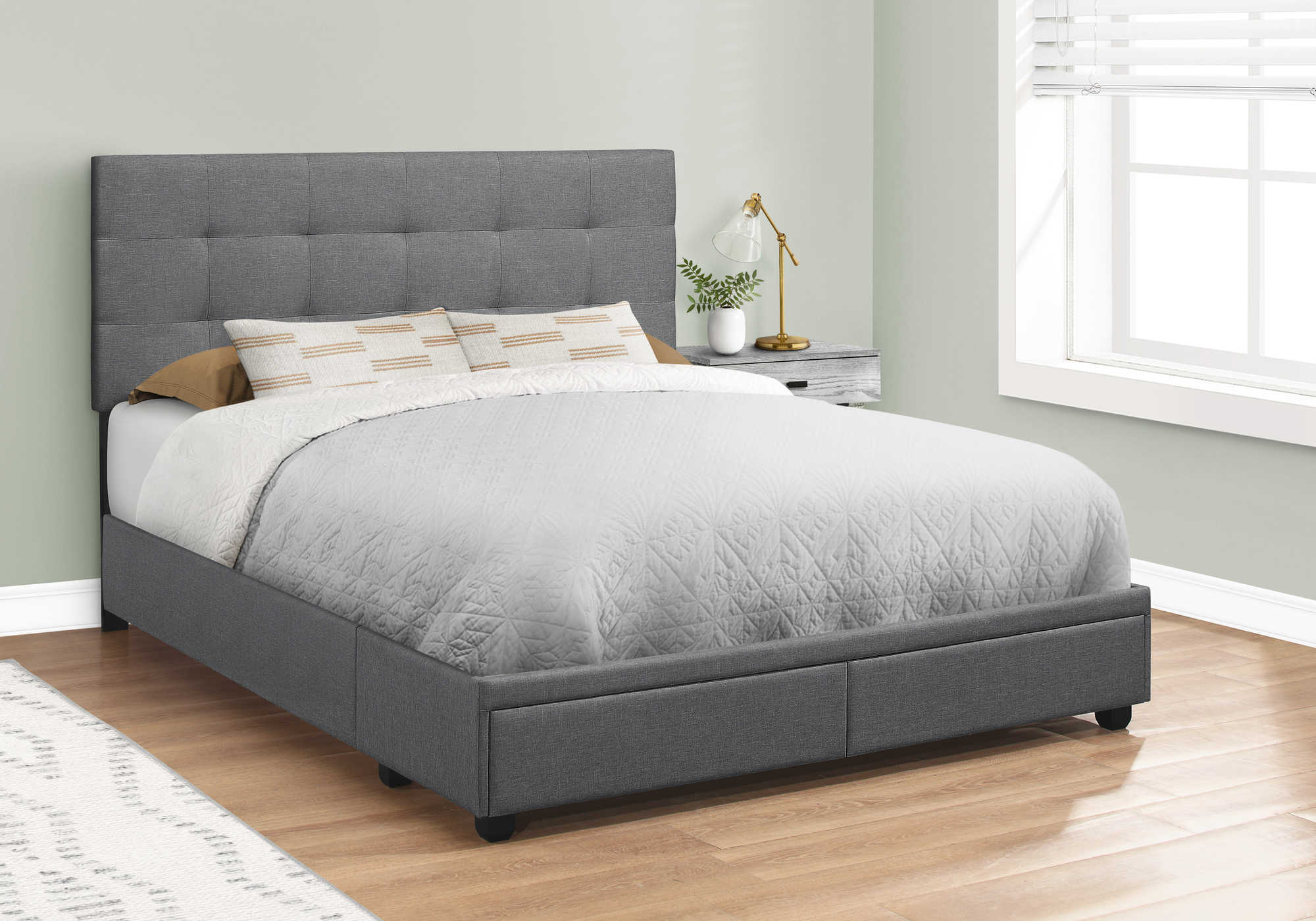 I 6022Q - BED - QUEEN SIZE / DARK GREY LINEN WITH 2 STORAGE DRAWERS BY MONARCH SPECIALTIES INC