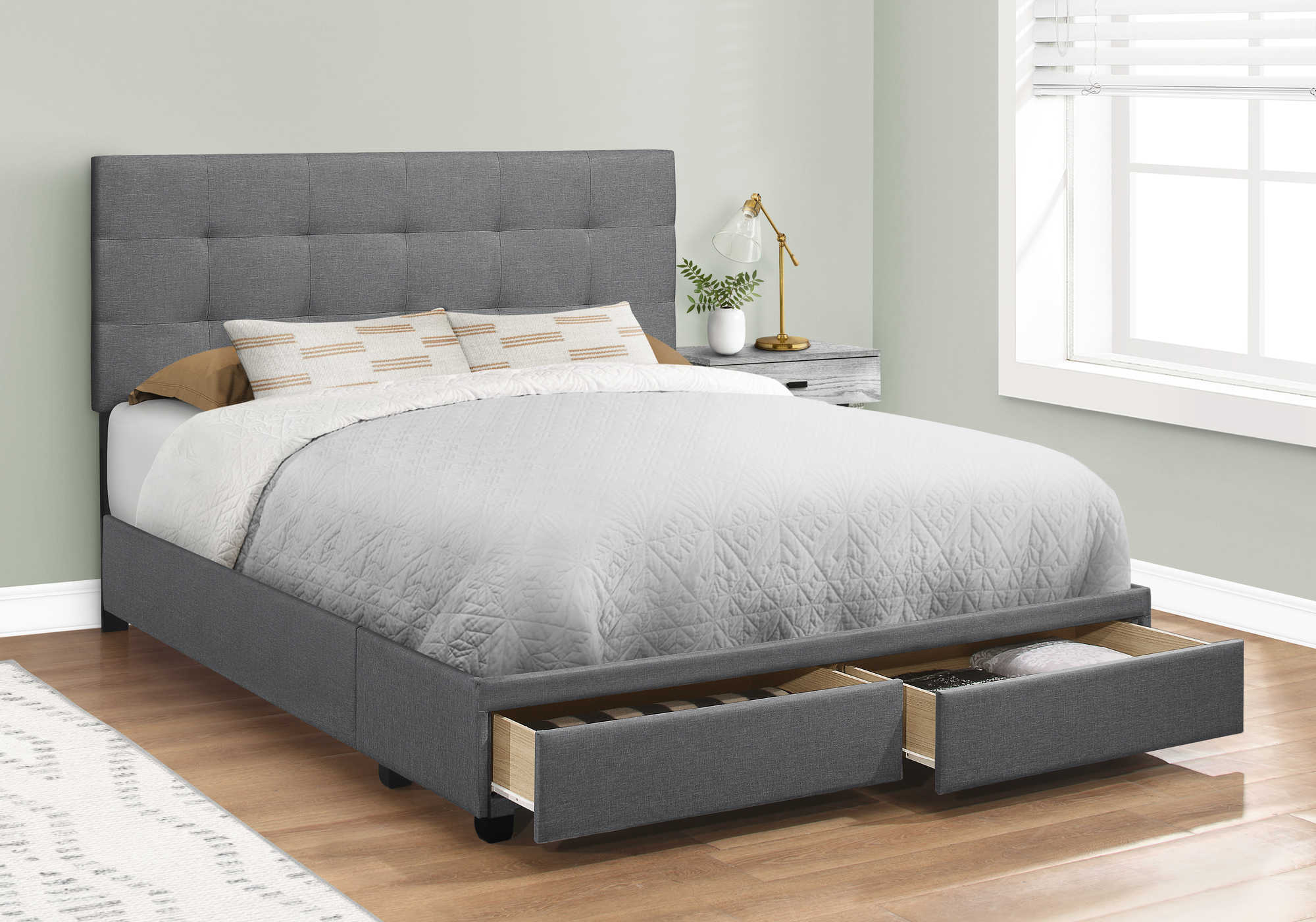 I 6022Q - BED - QUEEN SIZE / DARK GREY LINEN WITH 2 STORAGE DRAWERS BY MONARCH SPECIALTIES INC