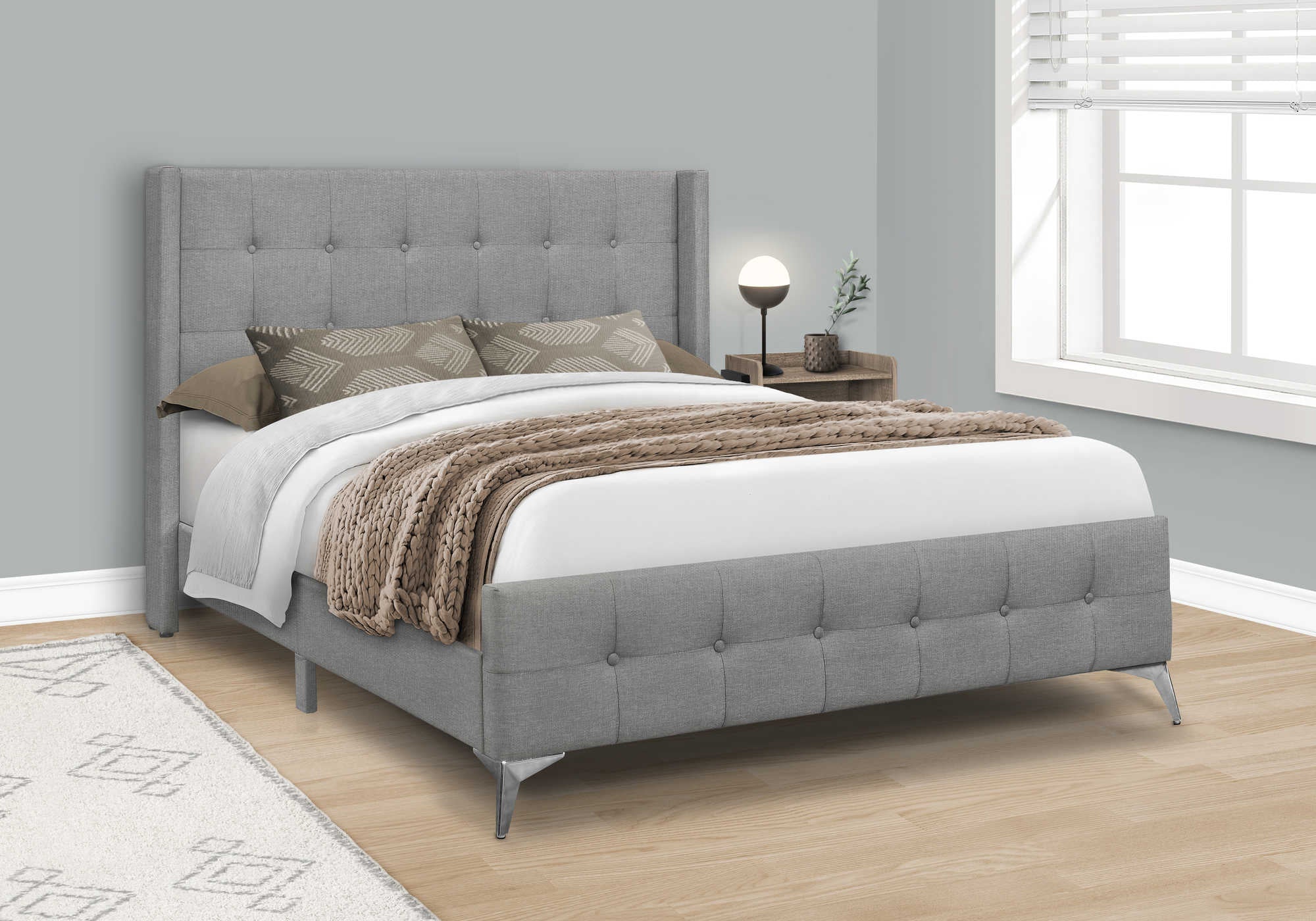 I 6040Q - BED - QUEEN SIZE / GREY LINEN WITH CHROME METAL LEGS BY MONARCH SPECIALTIES INC