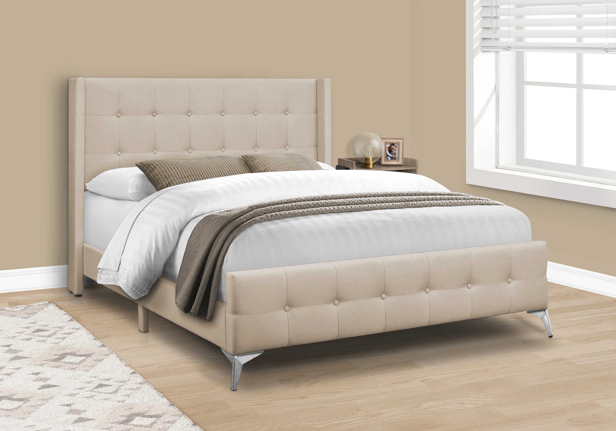 I 6041Q - BED - QUEEN SIZE / BEIGE LINEN WITH CHROME METAL LEGS BY MONARCH SPECIALTIES INC