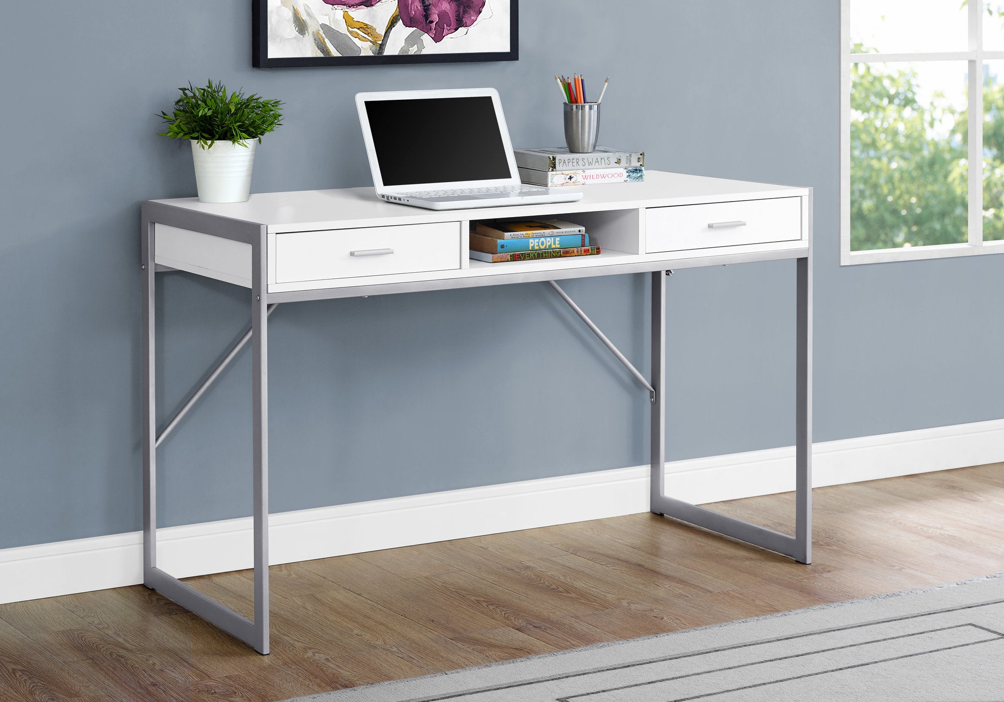 I 7364 - COMPUTER DESK - 48"L / WHITE / SILVER METAL BY MONARCH SPECIALTIES INC