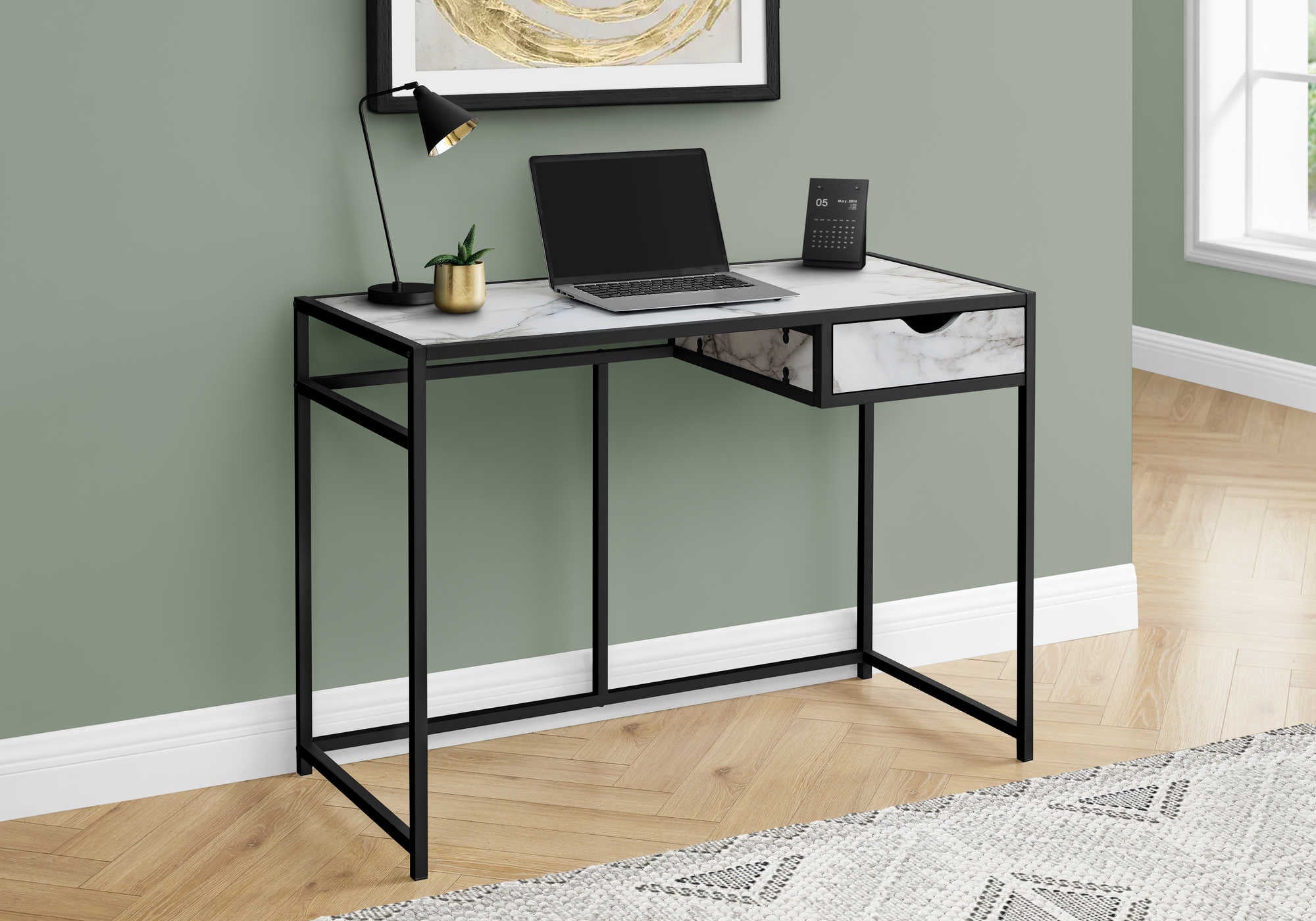 I 7571 - COMPUTER DESK - 42"L / WHITE MARBLE-LOOK / BLACK METAL BY MONARCH SPECIALTIES INC