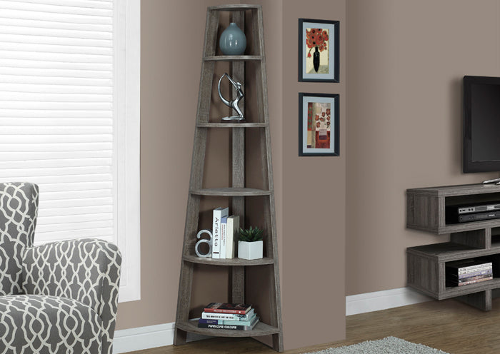 I 2497 - DARK TAUPE RECLAIMED-LOOK 72"H CORNER ACCENT ETAGERE BY MONARCH SPECIALTIES INC