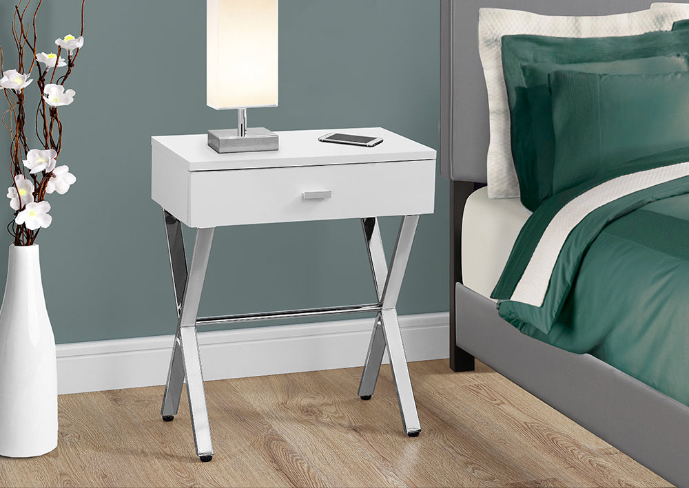 I 3262 - ACCENT TABLE – GLOSSY WHITE / CHROME METAL NIGHT STAND