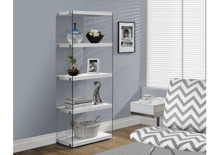 I 3289 - GLOSSY WHITE HOLLOW-CORE / TEMPERED GLASS 60″H BOOKCASE BY MONARCH SPECIALTIES INC