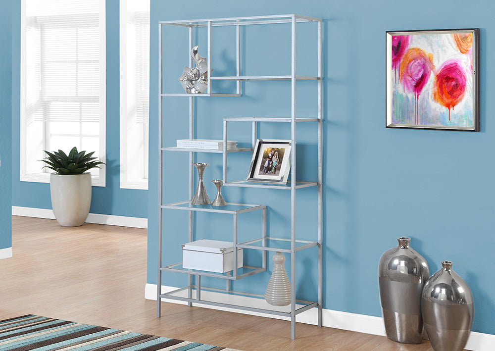 I 7158 - BOOKCASE – 72"H / SILVER METAL WITH TEMPERED GLASS BY MONARCH SPECIALTIES INC