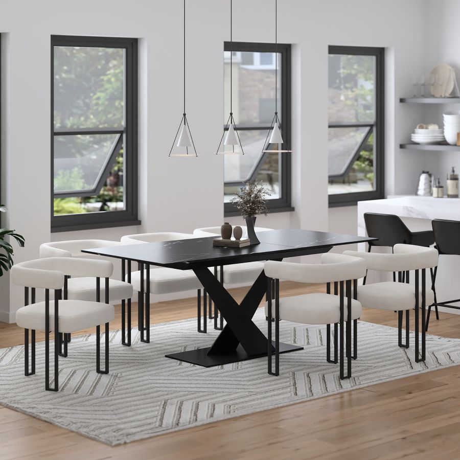 Julius/Scarlet - 7pc Dining Set in Black Table with Ivory Chair