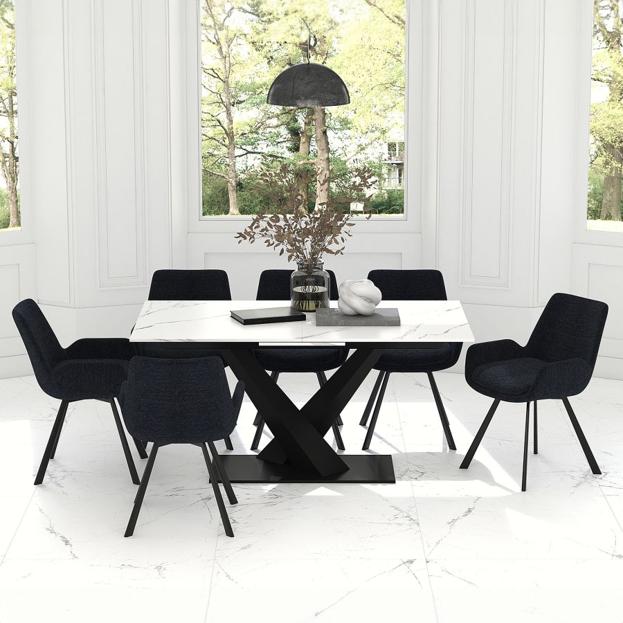 Julius/Signy - 7pc Dining Set in White Table with Black Chair