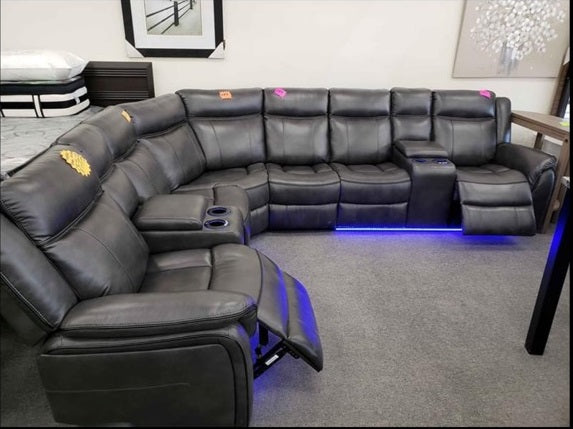 Marcelo 4Pc Power Recliner Sectional with 2 Consoles, LED Lights and USB Port  in Grey Leather Gel