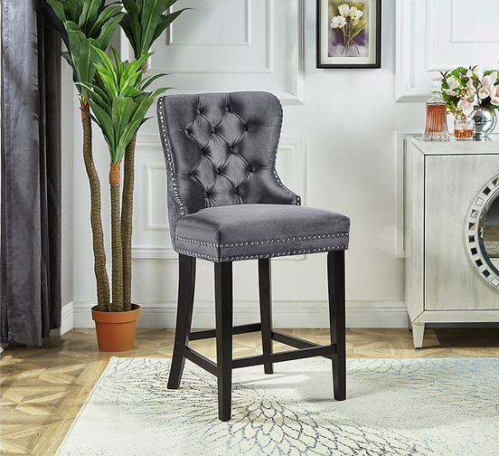 ST-6010 - Grey Velvet Plush Cushioned Barstool with Chrome Nailhead and Chrome Ring by International Furniture