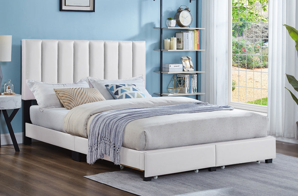 T2120W - Double Platform Storage Bed Frame in White Leatherette