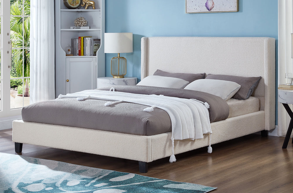T2192W - Double Platform Bed Frame in Boucle Frabric Off White