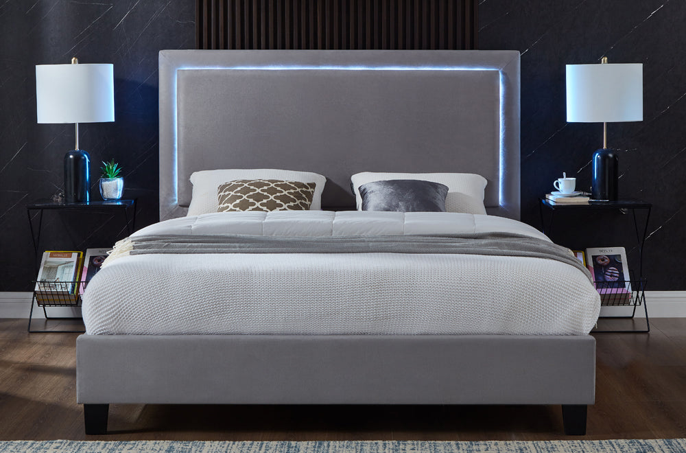 T2365 - Double Bed Frame with LED Lights in Velvet Grey