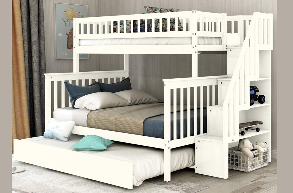 T2594W - Twin / Double Bunk Bed Frame with Trundle and Staircase in White by Titus Furniture
