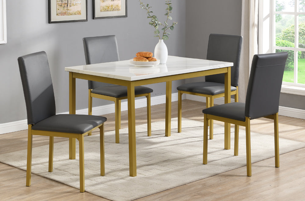 T3204 - Table in White Marble Finish with Brushed Gold Metal Leg Finish & 4 Chairs