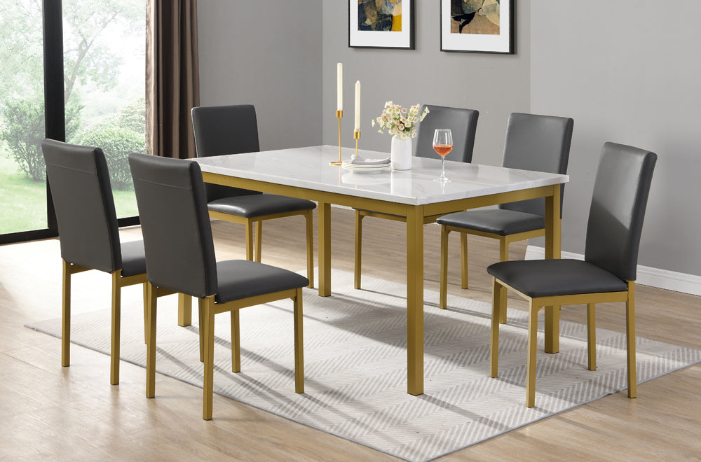 T3204 / T3205 - Dining Table in White MArble Finish with Gold Brushed Metal Leg Finish 6 Dining Chairs in Grey